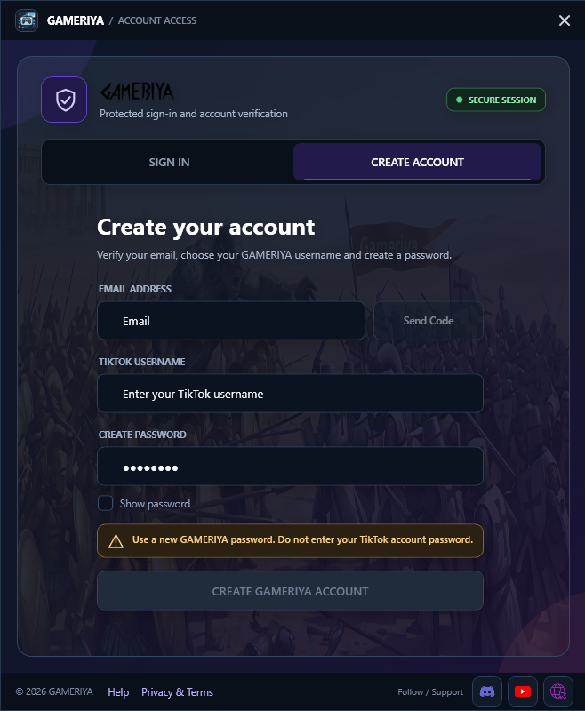 GAMERIYA App Create Account Screen