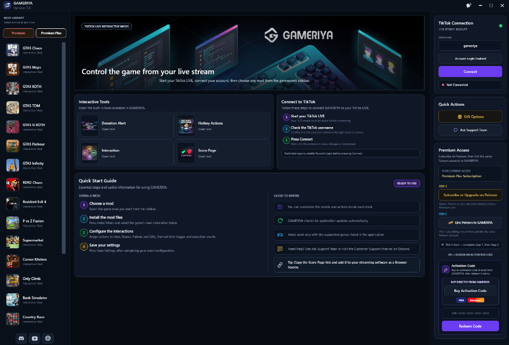GAMERIYA Interactive Mods Dashboard