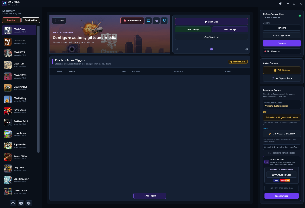 GAMERIYA Mod Triggers Configuration Screen