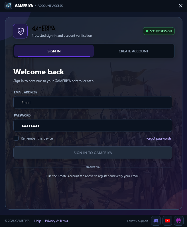 GAMERIYA App Sign In Screen